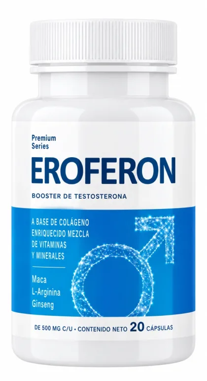 Frasco blanco y azul de Eroferon con 20 cápsulas de 500 mg