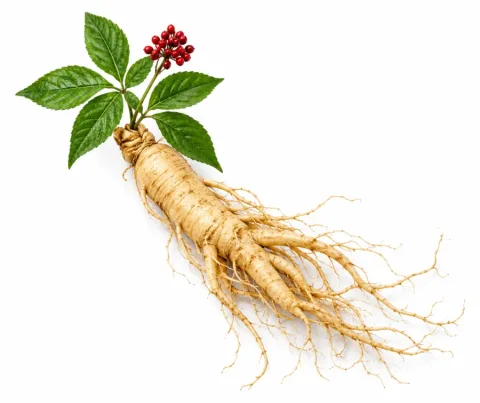 Raíz de ginseng con hojas y frutos rojos