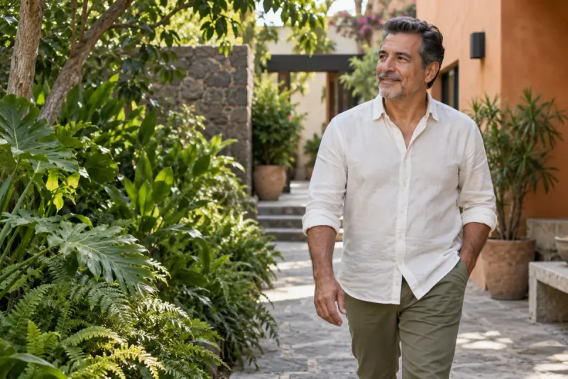 Hombre adulto caminando en un jardín