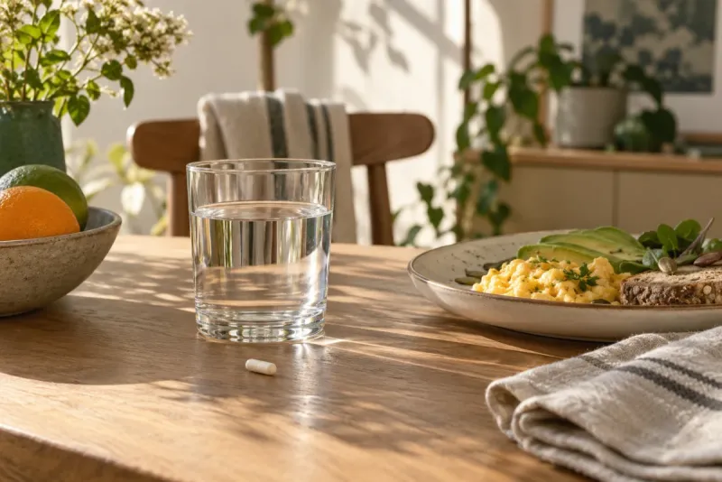 Una cápsula y un vaso de agua junto al desayuno